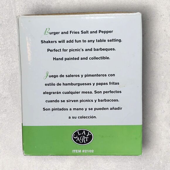 Vintage Clay Art Burger & Fries Salt & Pepper Shakers Set NOS Box Retro Kitchen - Picture 11 of 11